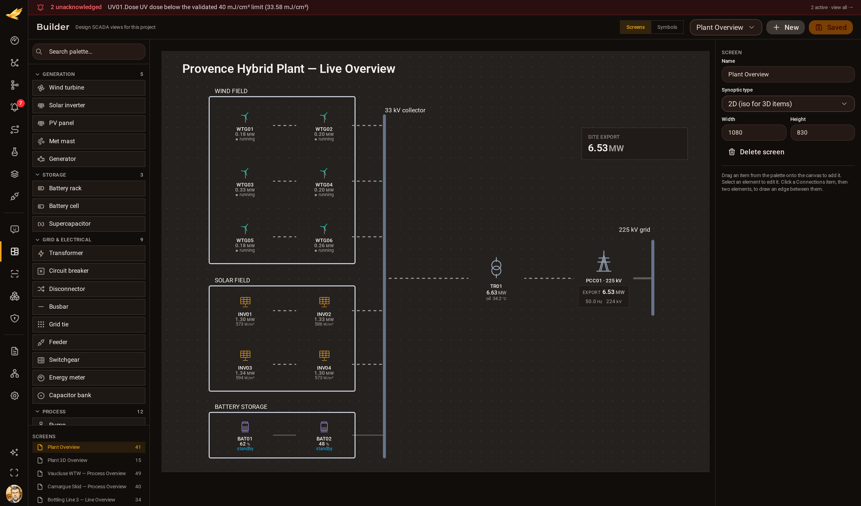 The DjiniousCC screen builder: a symbol palette, a drag canvas with a plant mimic, and a tag-binding inspector.