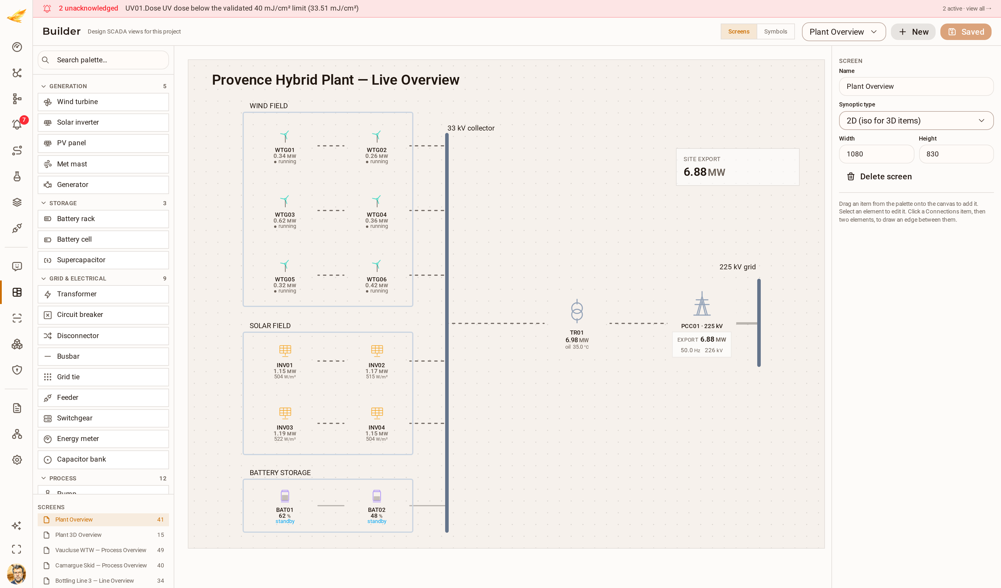 The DjiniousCC screen builder: a symbol palette, a drag canvas with a plant mimic, and a tag-binding inspector.