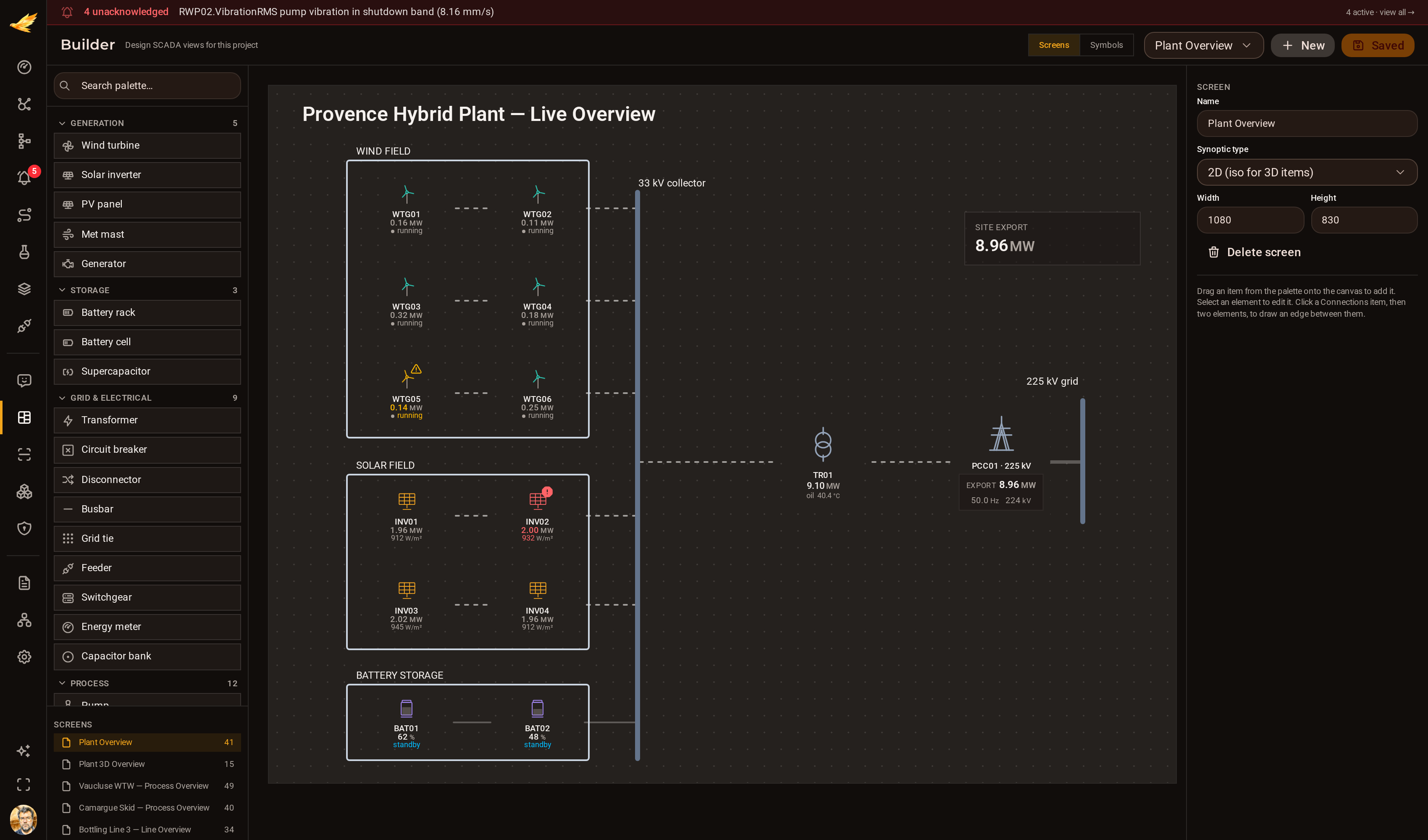 The Djinious screen builder: a symbol palette, a drag canvas with a plant mimic, and a tag-binding inspector.