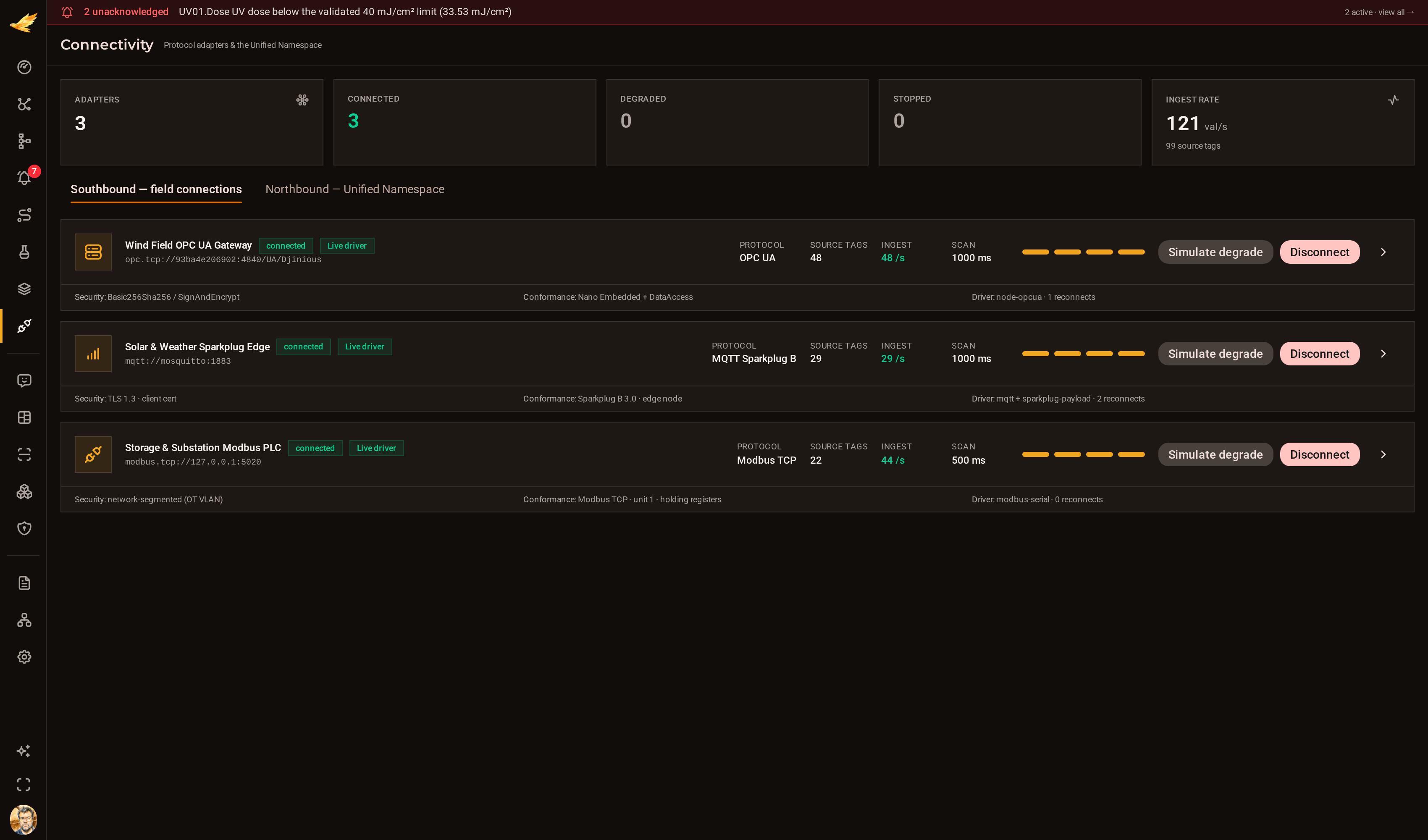 The DjiniousCC connectivity page with southbound protocol connections and the northbound OPC-UA server card showing node counts and security modes.