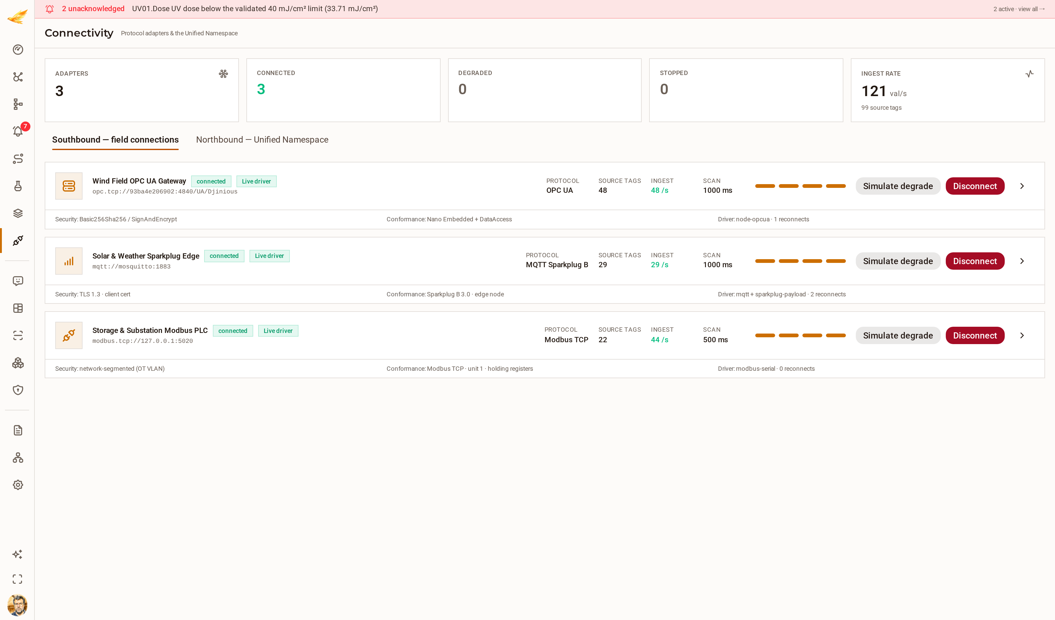 The DjiniousCC connectivity page with southbound protocol connections and the northbound OPC-UA server card showing node counts and security modes.