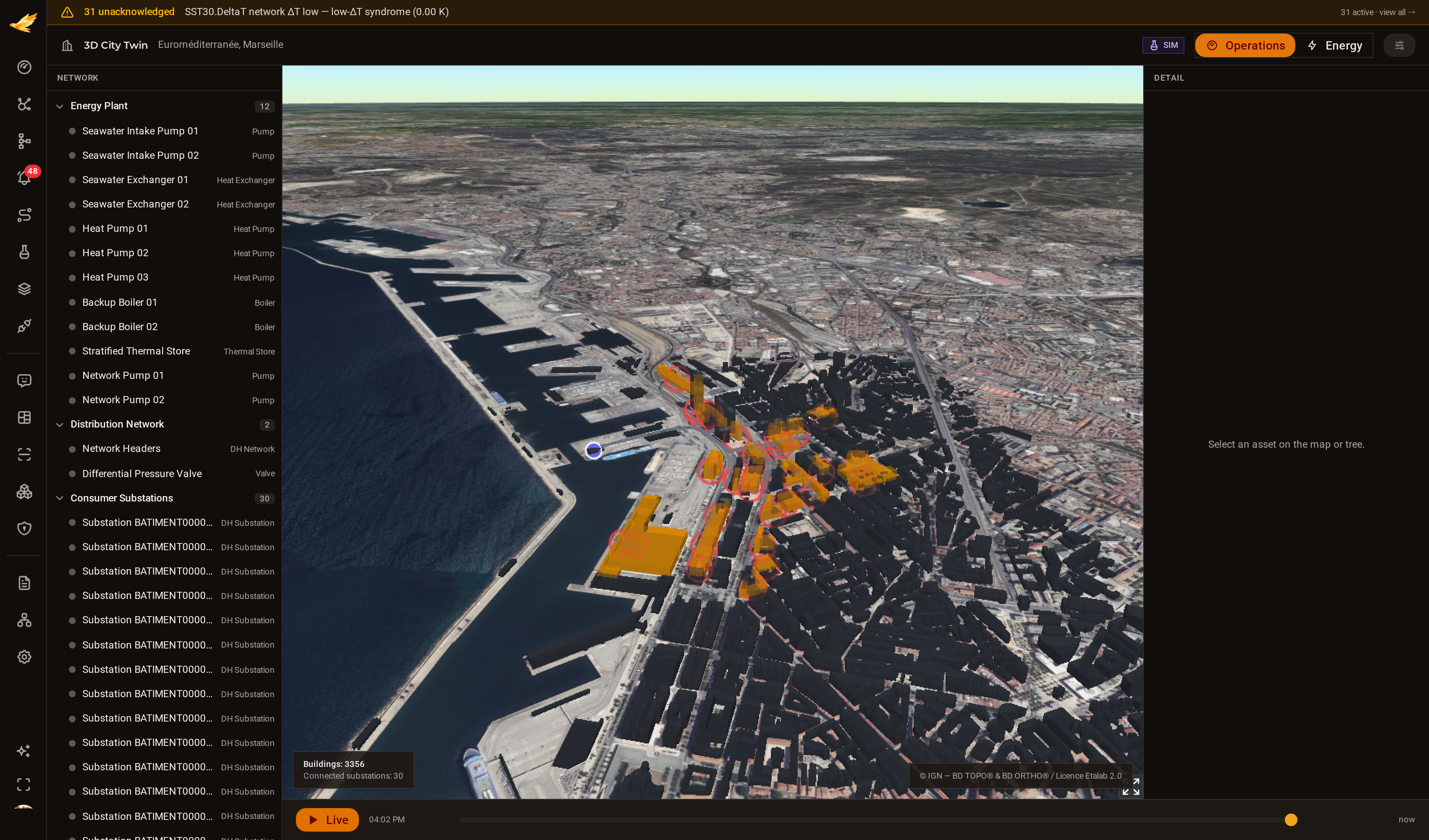The DjiniousCC 3D city twin over Marseille: 3,356 extruded IGN BD TOPO building footprints on live IGN orthophoto imagery, with thirty consumer substations picked out in amber and ringed by red alarm halos, the network tree on the left and a live time scrubber below.