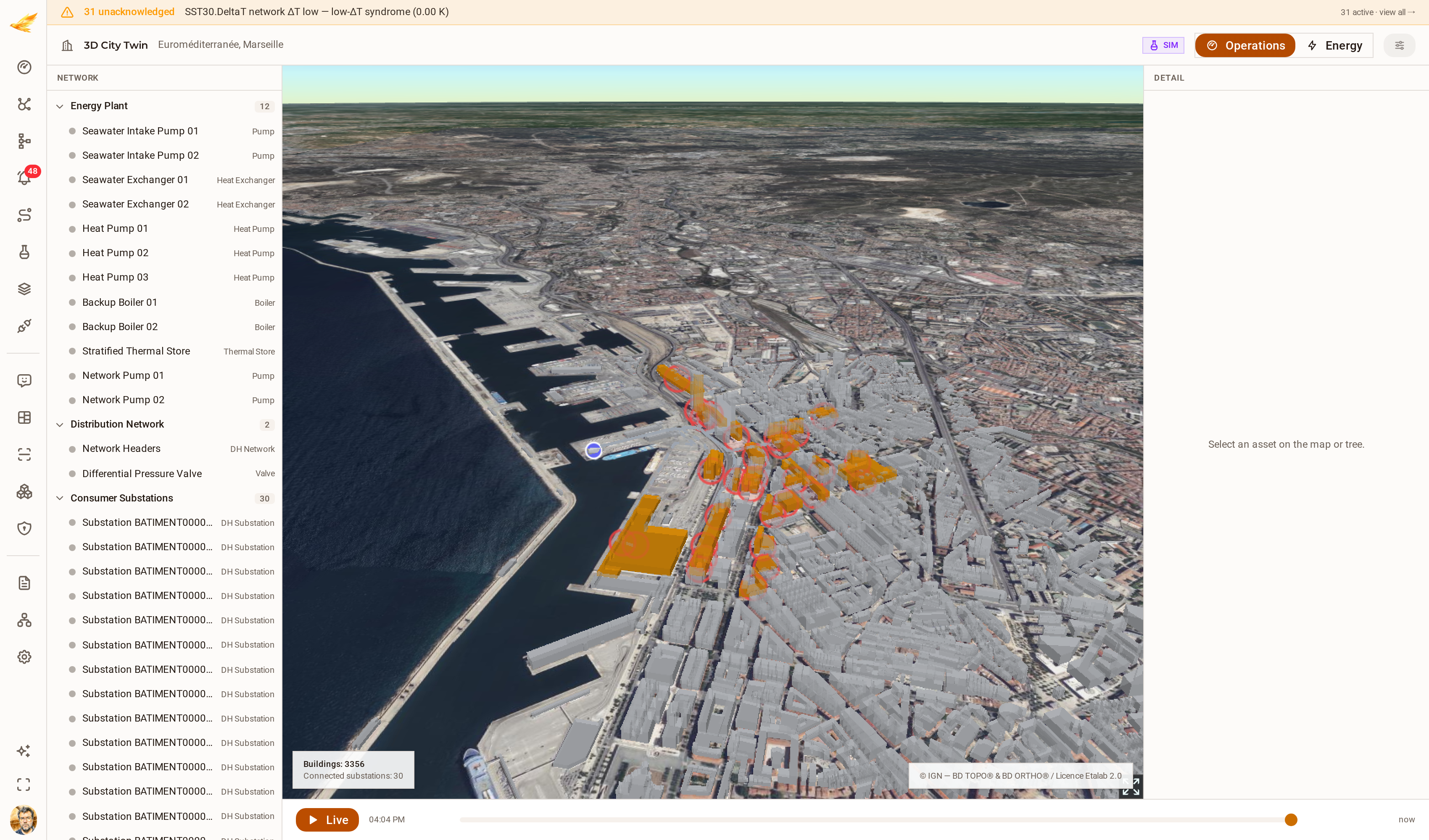 The DjiniousCC 3D city twin over Marseille: 3,356 extruded IGN BD TOPO building footprints on live IGN orthophoto imagery, with thirty consumer substations picked out in amber and ringed by red alarm halos, the network tree on the left and a live time scrubber below.