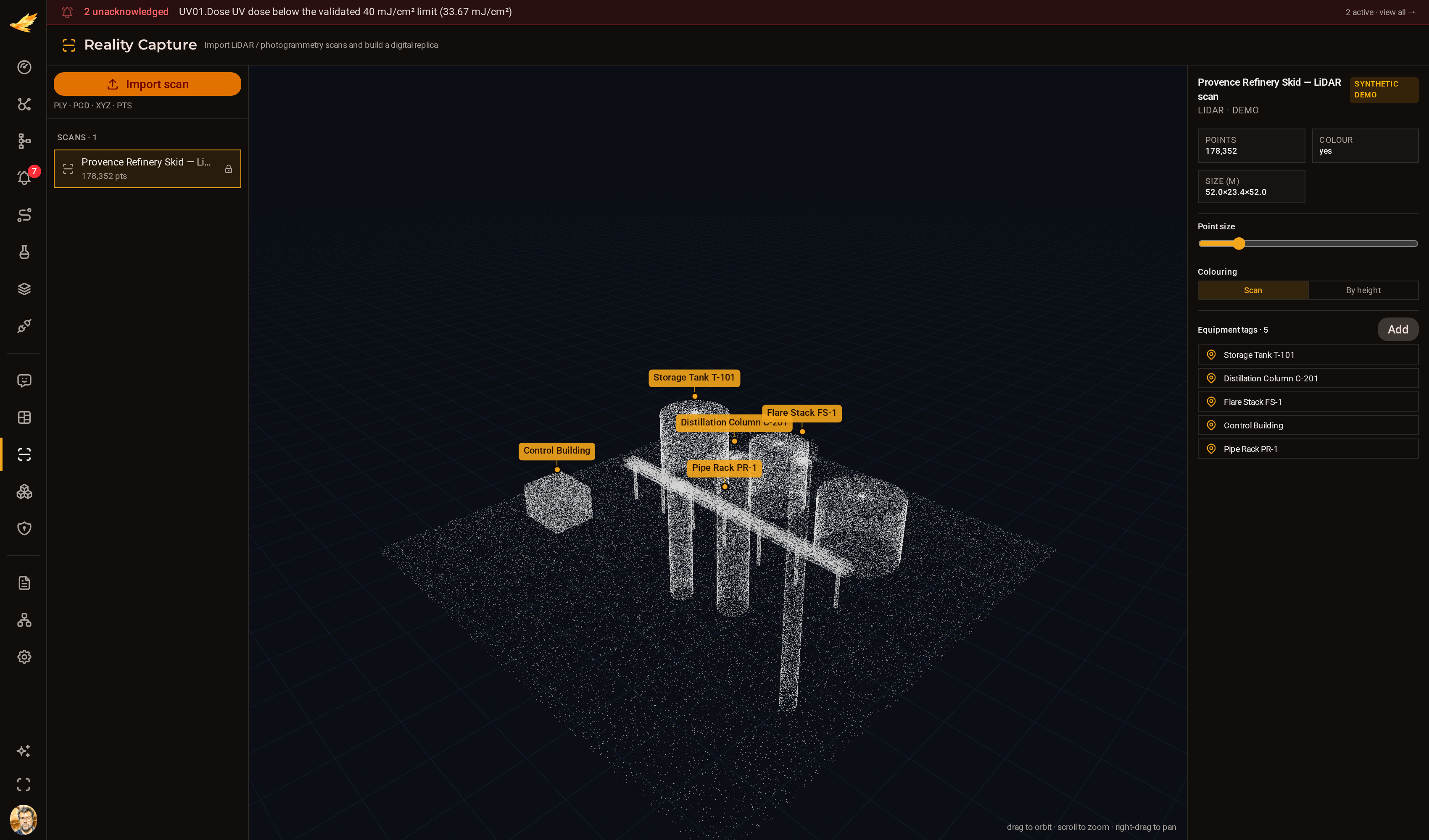 The DjiniousCC reality-capture page rendering an imported point cloud of a process plant with equipment annotations.
