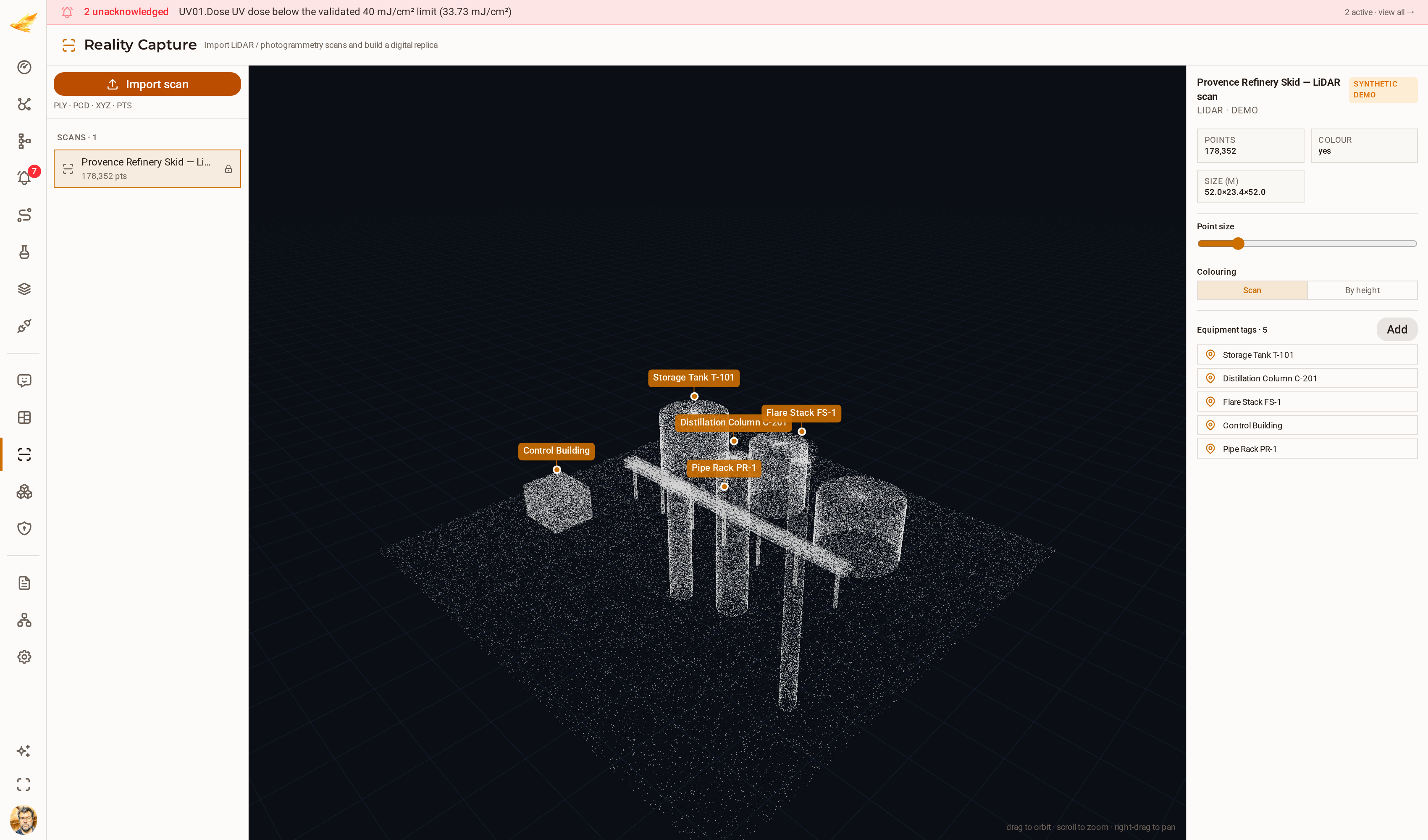 The DjiniousCC reality-capture page rendering an imported point cloud of a process plant with equipment annotations.