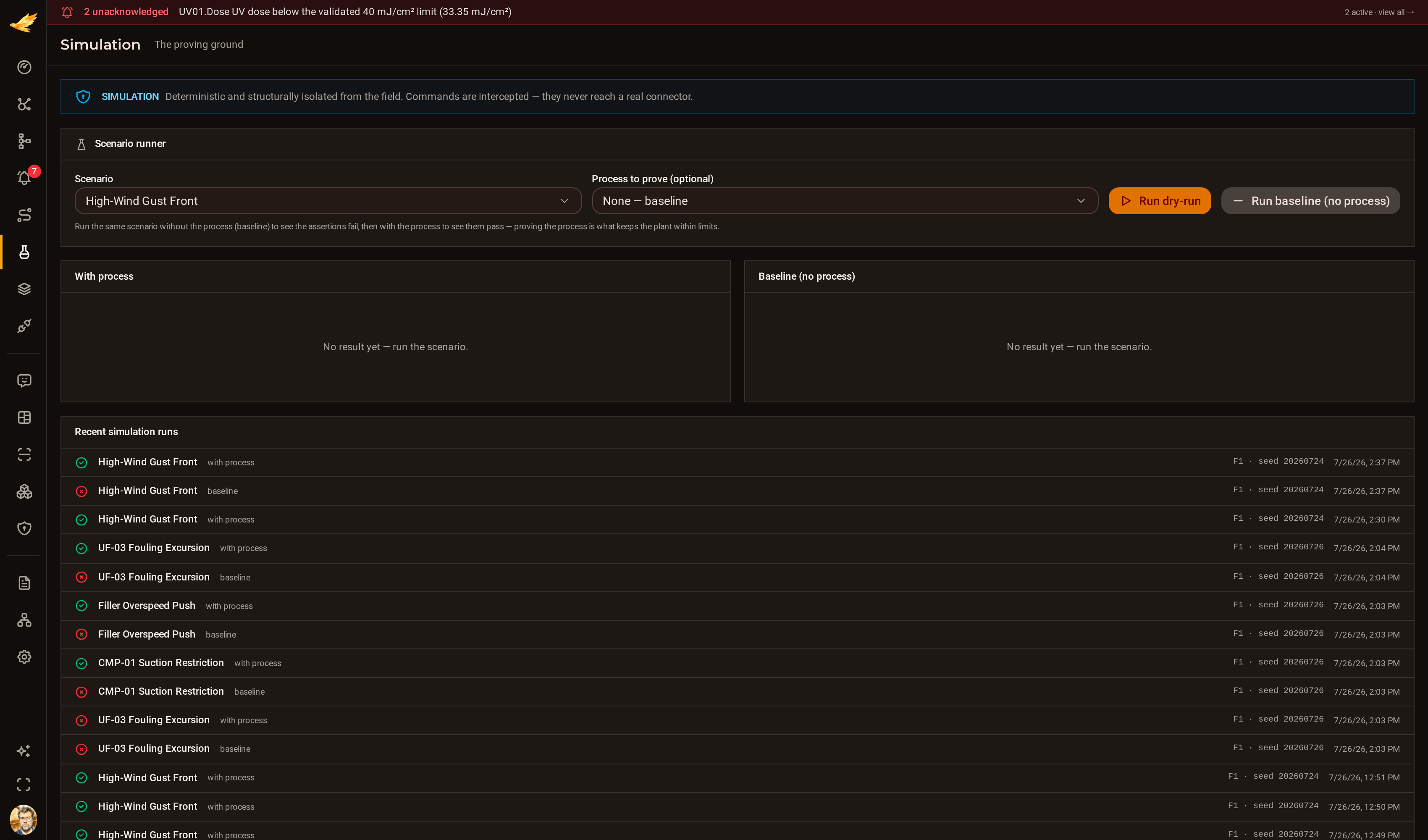 The DjiniousCC simulation page with baseline and with-process dry-run panels and a run history showing pass and fail verdicts.
